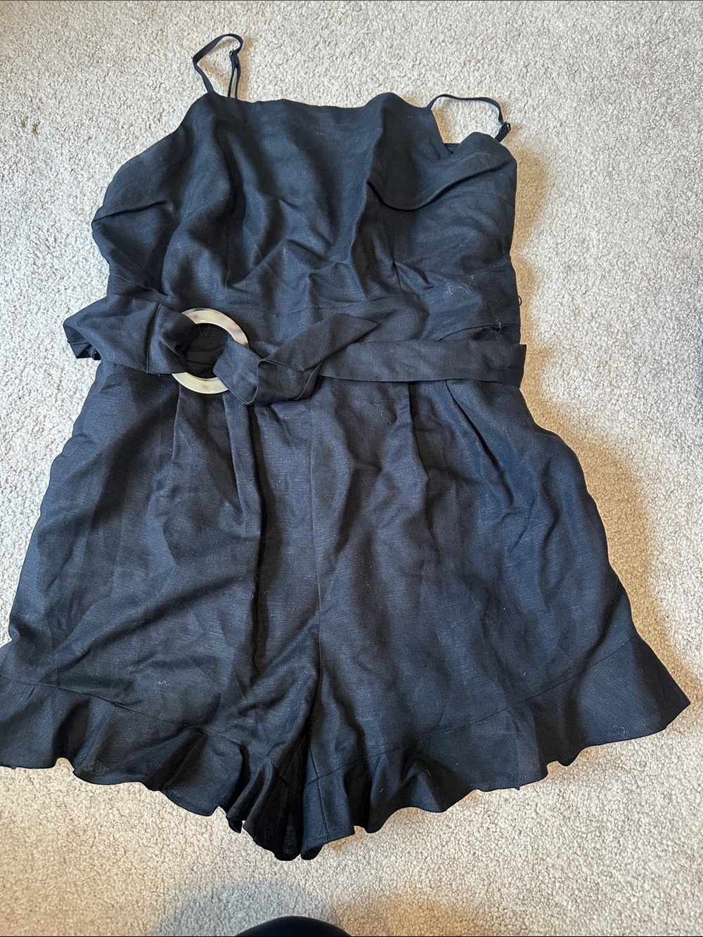 LOFT Black Linen Blend Ruffle-Hem Romper with Buckle Belt